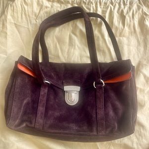 PRADA BROWN SUEDE SATCHEL HANDBAG WITH ORANGE LEATHER INTERIOR & CARDS